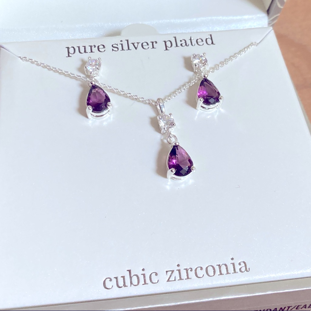 Sparkle Allure Amethyst Purple Cz Silver Plated Necklace Earring Set New!